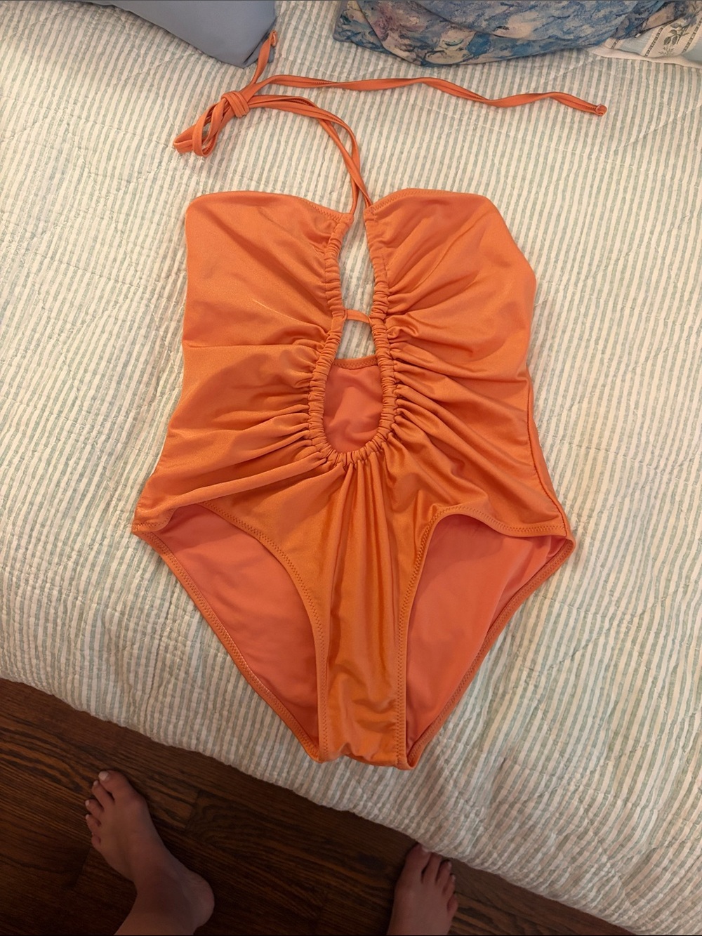 Women's tangerine Ruched One-Piece Swimsuit with Halter Tie